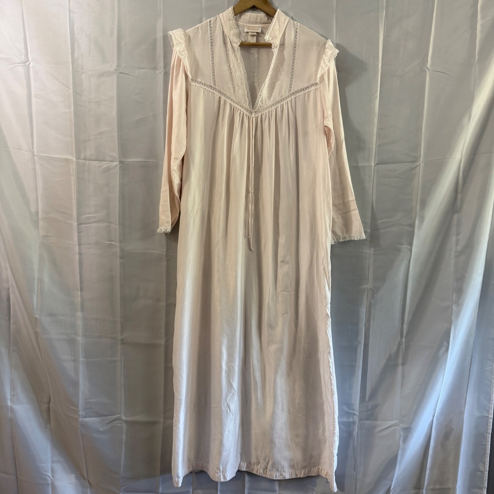 Vtz Barbizon Pink Lace Trim Embroidered Nightgown Long Sleeve Maxi M Modest